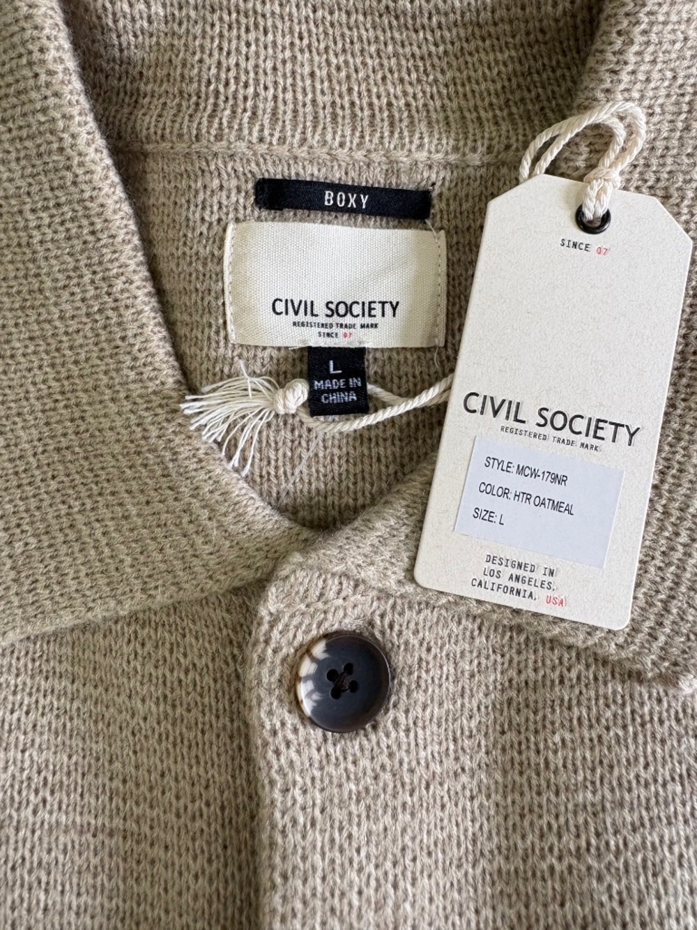 Civil Society Men's "Beaton" Boxy Sweater Jacket – Heather Oatmeal, Size Large - Picture 9 of 9